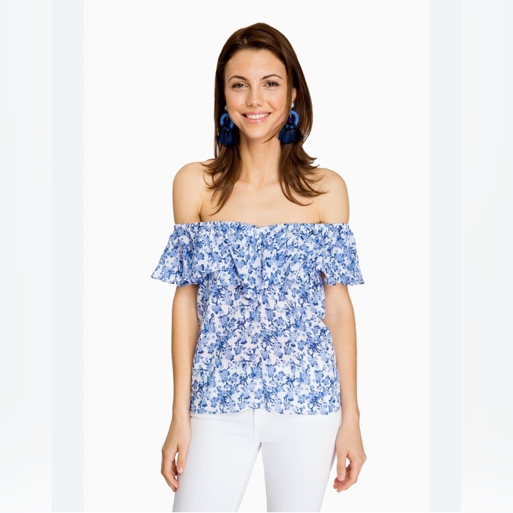 Rebecca Taylor Aimee Floral Off The Shoulder Blouse Top Blue Women's Size US 8